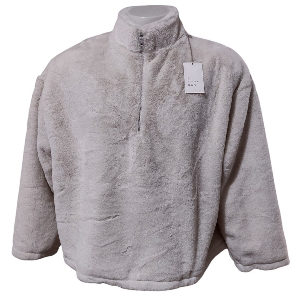 A New Day Coat Sweatshirt Women's XXLarge Faux Fur Mock Neck Quarter Zip White